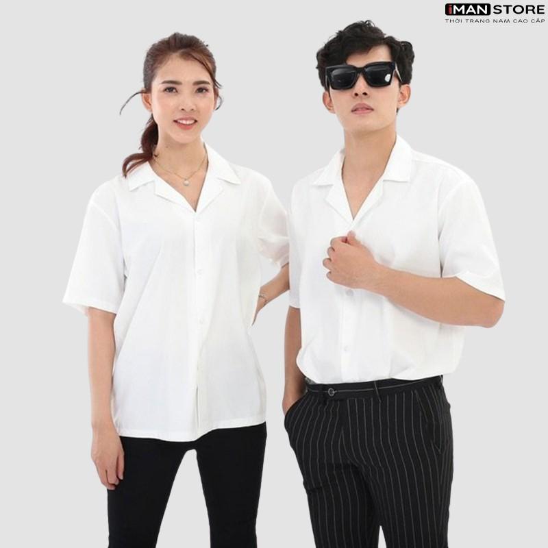 Áo Sơ Mi Cổ Vest Ngắn Tay Nam Nữ, Áo Sơ Mi Kiểu Thời Trang Hàn Quốc Vải Lụa Mền Mịn Thoáng Mát