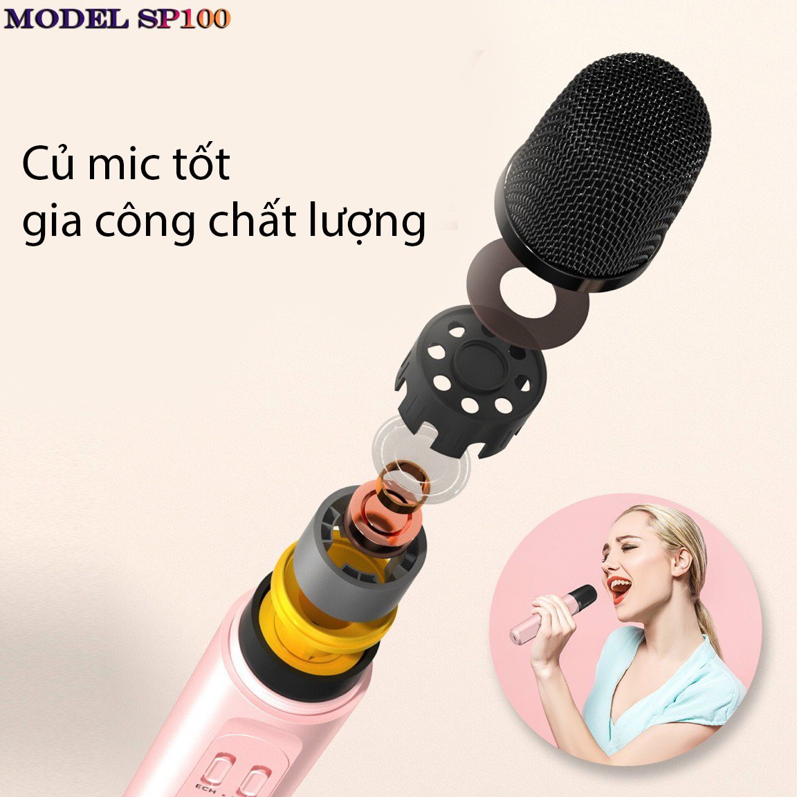 Loa Bluetooth Không Dây karaoke mini xách tay MTMAX SP100 kèm 2 micro không dây có đèn led nhỏ nhắn tiện lợi phục vụ nhu cầu ca hát mọi lúc mọi nơi hàng chính hãng