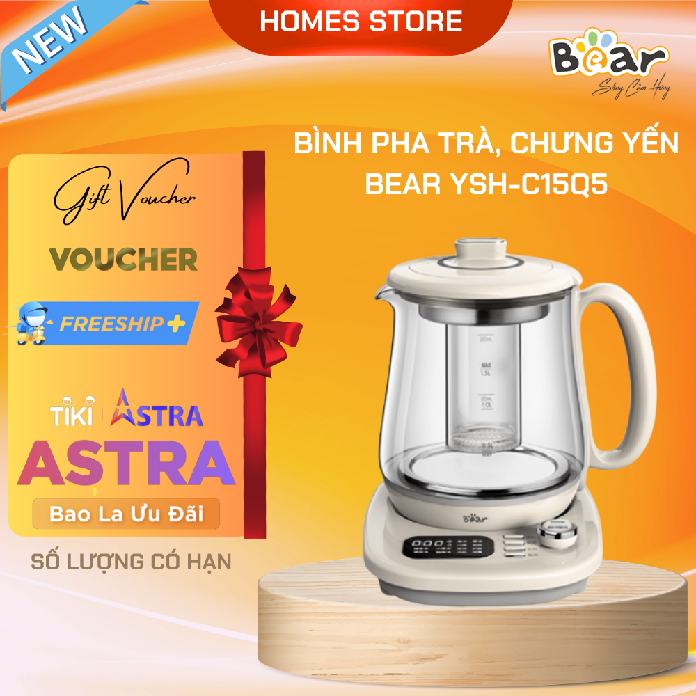 Bình Đun Nước Đa Năng, Bình Pha Trà Thông Minh BEAR YSH-C15Q5 Dung Tích 1.5 Lít Công Suất 1000 W - Hàng Chính Hãng