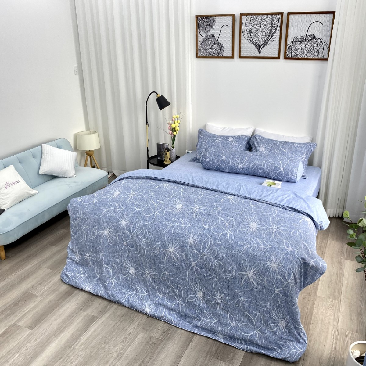 Chăn bốn mùa Hàn Quốc K-Bedding by Everon MicroTencel Xanh In Hoa KMTP111 180*200cm