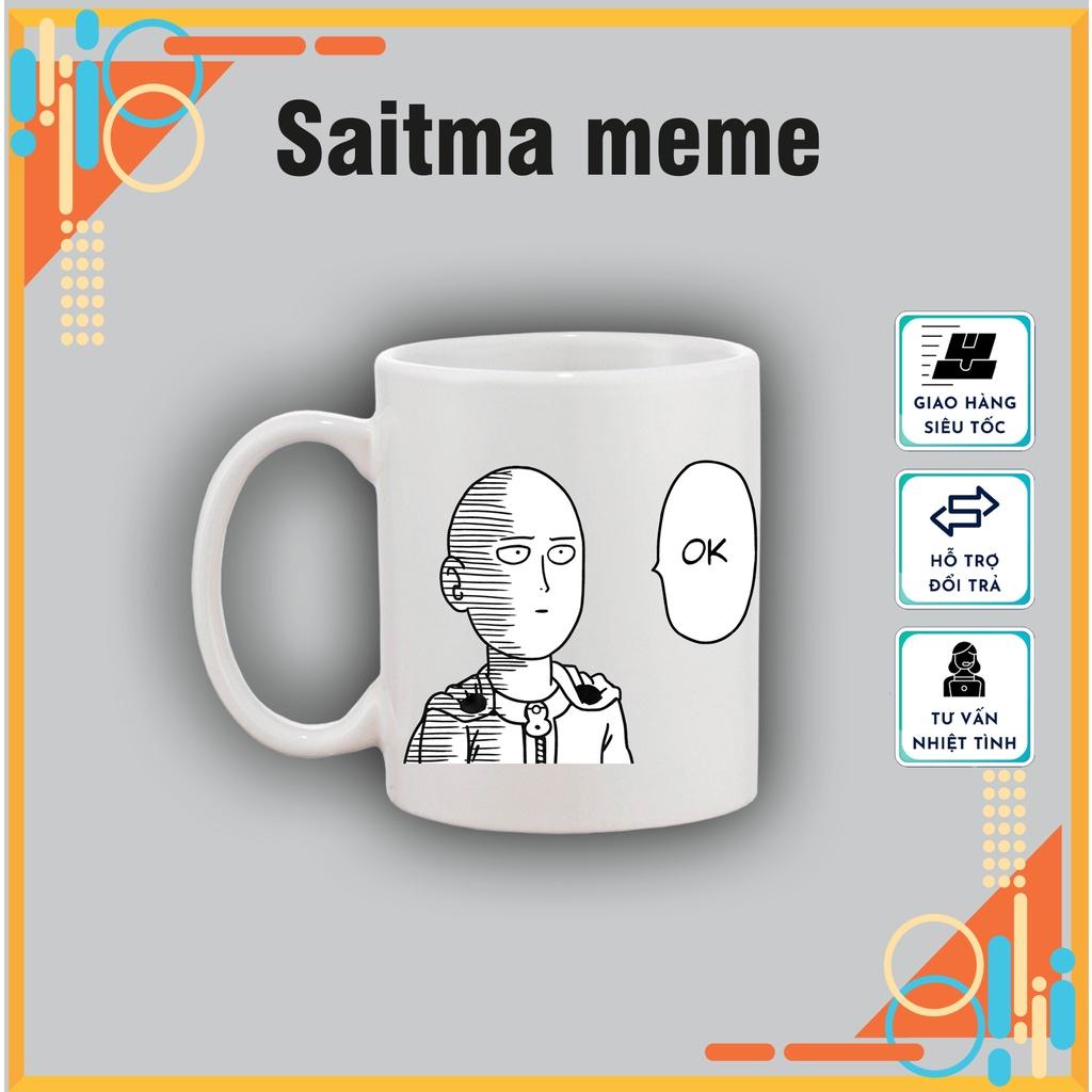 Cốc sứ in hình Saitama meme, cốc sứ One-Punch Man tráng men dùng làm quà tặng, uống nước hàng ngày