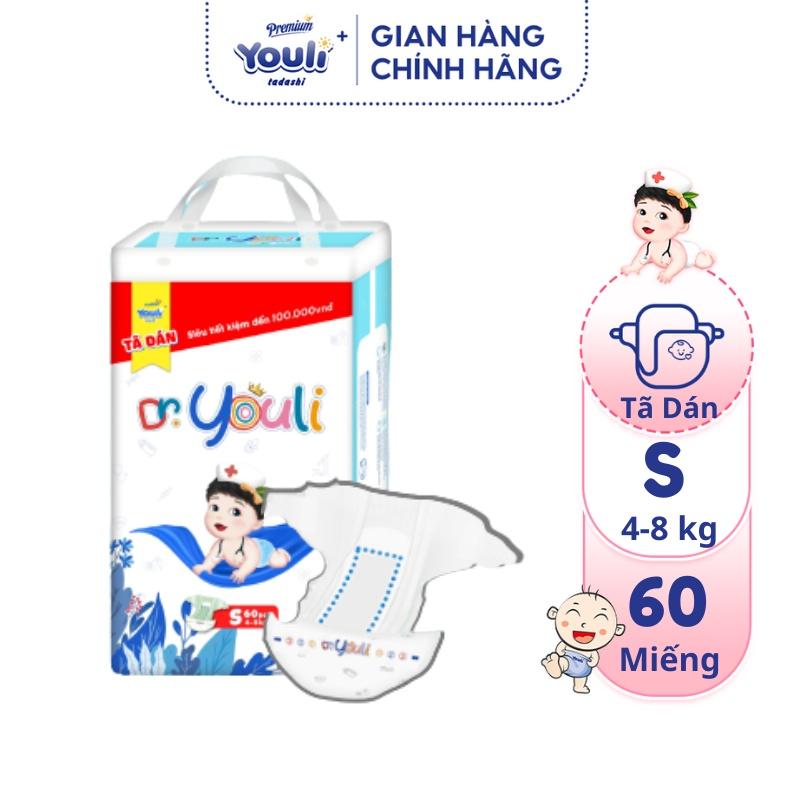 Tã Bỉm Dán Sơ Sinh Dr. YOULI Size S 60 Miếng Đai Chun Mềm Mại, Mỏng Nhẹ Siêu Thấm Hút Cho Bé 4-8 kg