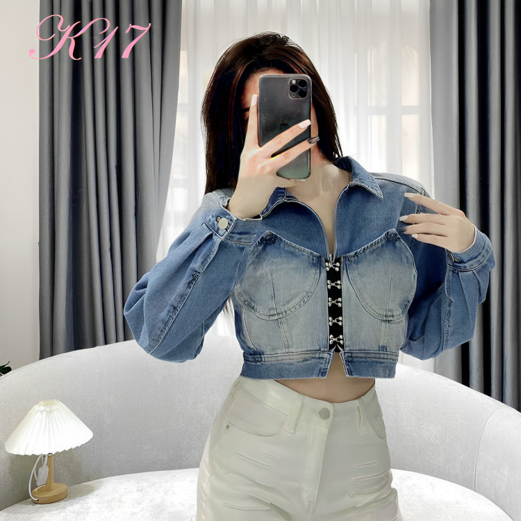 Áo khoác jeans nữ hàng hiệu rosata cao cấp màu xanh thời trang k17