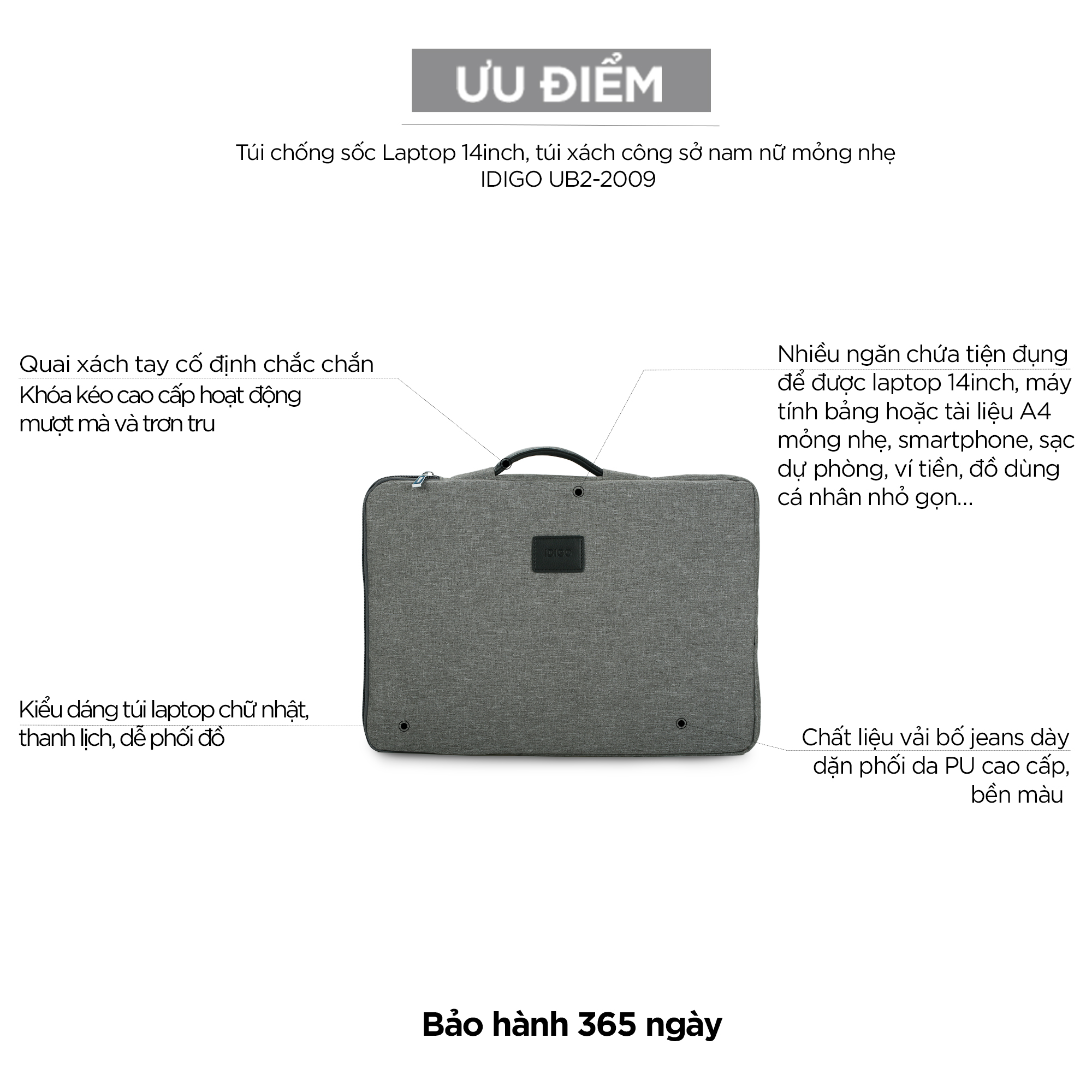 Túi chống sốc Laptop 14inch, túi xách công sở đựng máy tính nam nữ mỏng nhẹ vải bố jeans IDIGO UB2-2009