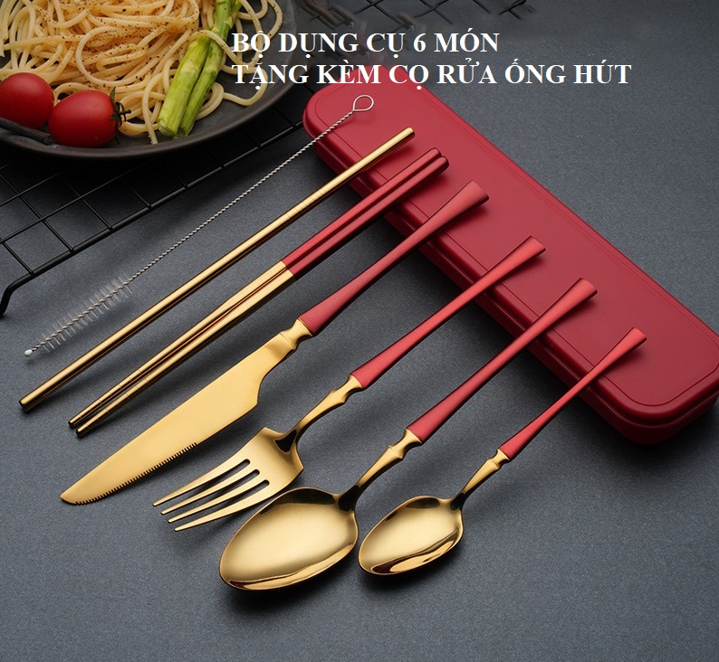 Bộ Đũa Muỗng Thìa Dao Nĩa Ống Hút Inox 6 Món Tặng Cọ Rửa Ống Hút Mang Cơm Văn Phòng, Du Lịch Nhỏ Gọn