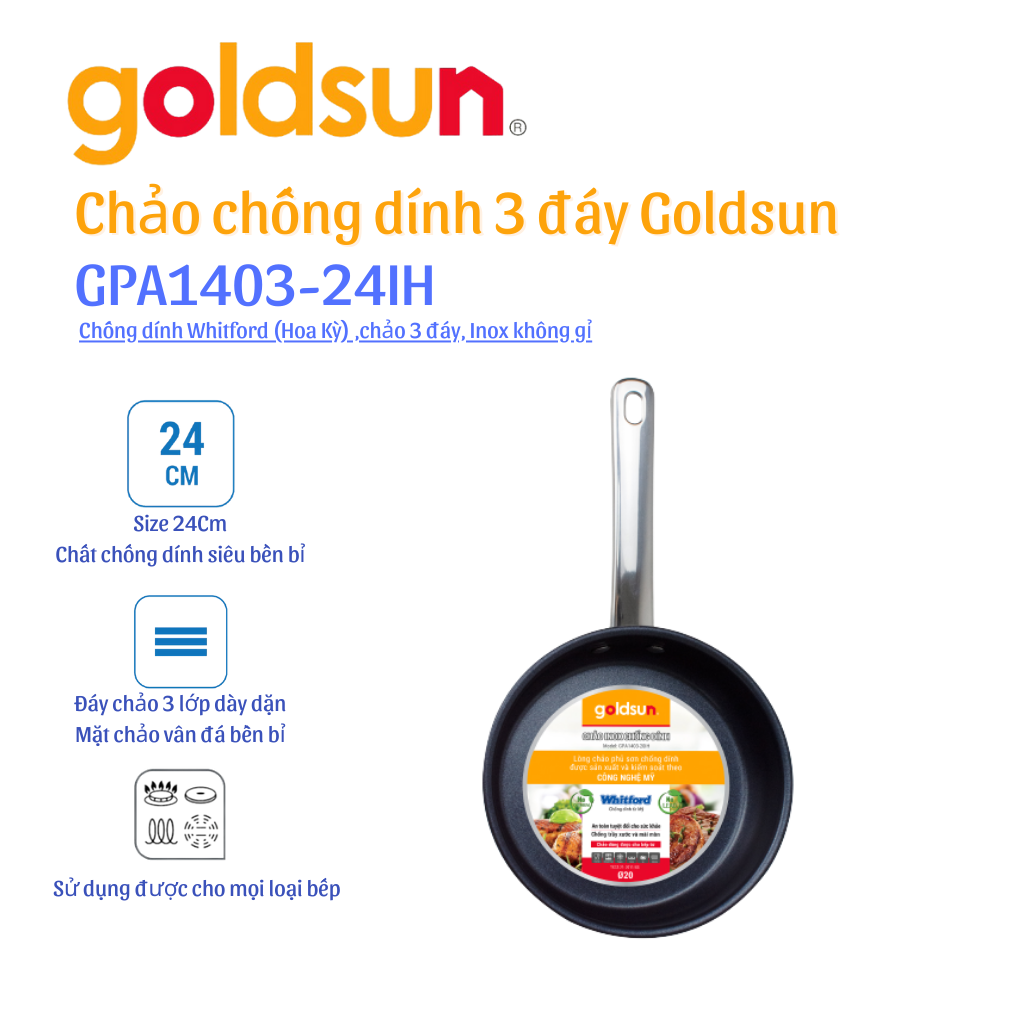 Chảo inox chống dính Goldsun GPA1403-24IH Hàng chính hãng