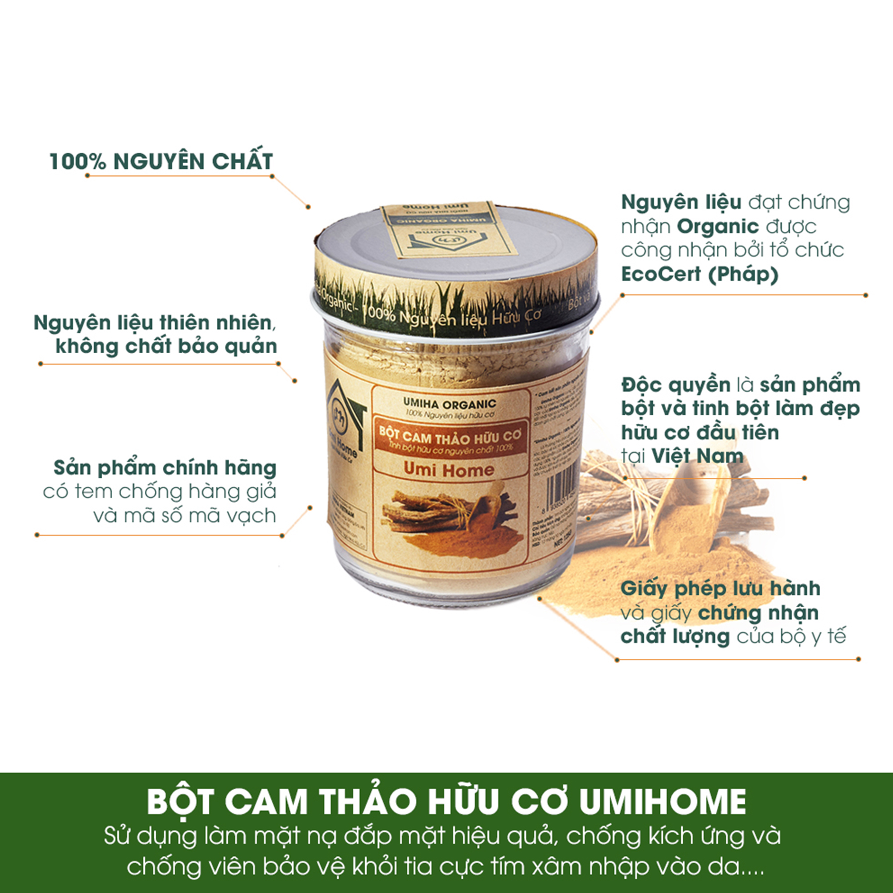 Bột Cam Thảo Nguyên Chất UMIHOME (135g) Bột dưỡng trắng da, dùng tắm trắng, loại bỏ mụn nám tàn nhang hiệu quả