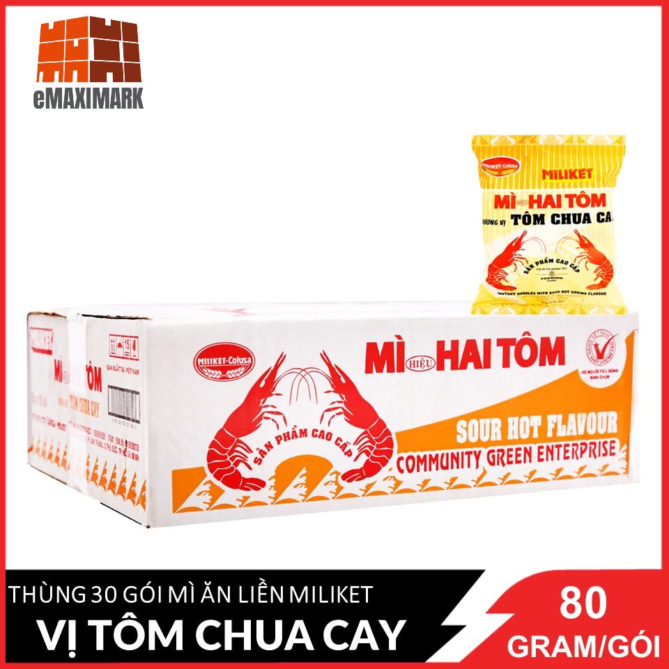 [Nguyên thùng 30 gói] Mì ăn liền Miliket Hai tôm hương vị tôm chua cay 75gX30