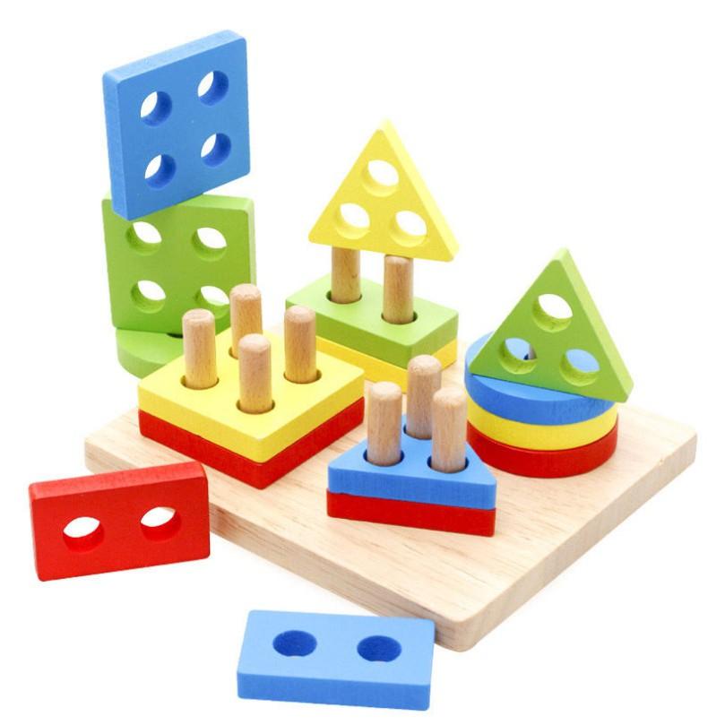 Đồ chơi montessori thả hình khối luồn cọc - Đồ chơi giáo giục hình học bằng gỗ