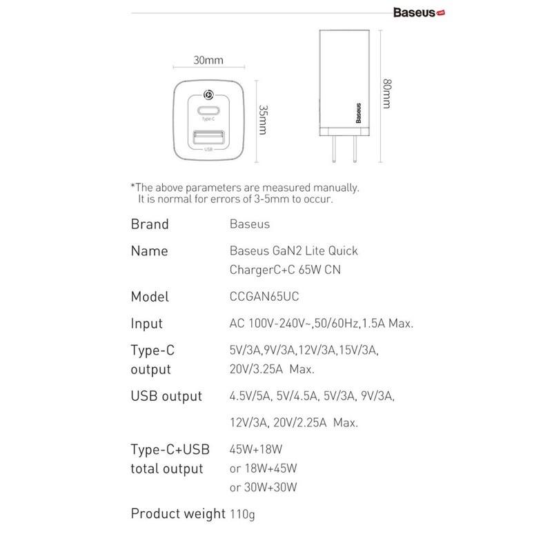 Củ sạc siêu nhanh Baseus GaN2 Lite Quick Charger 65W (Type C+ USB) - Hàng Chính Hãng