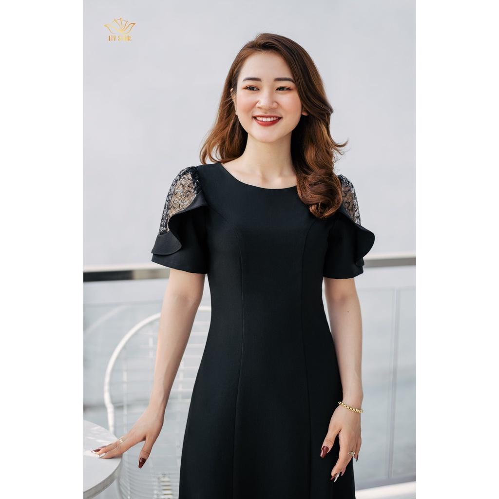 Đầm suông đen công sở, đầm thiết kế cổ tròn tay phối ren - Đen - TTV865 - TTV Store
