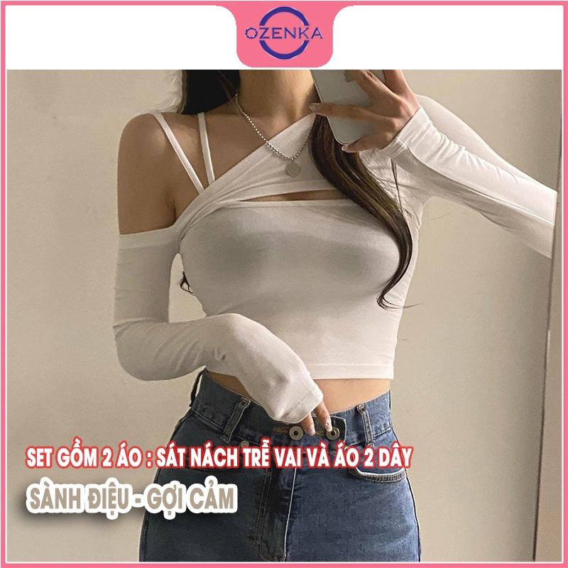 Áo croptop kiểu hàn quốc nữ, set áo croptop dài tay trễ vai kèm áo 2 dây ôm body thun gân cotton màu đen trắng