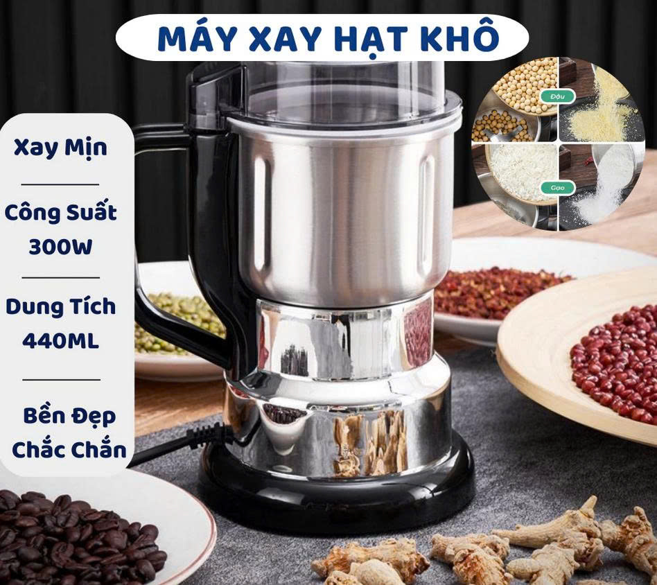 Máy Xay Hạt Khô Tiêu Chuẩn Châu Âu Máy Xay Ngũ Cốc Mini Công Suất 300w Lưỡi Dao 6 Cánh Thân Máy Bằng Thép Không Gỉ - Hàng Loại 1 - Chính Hãng