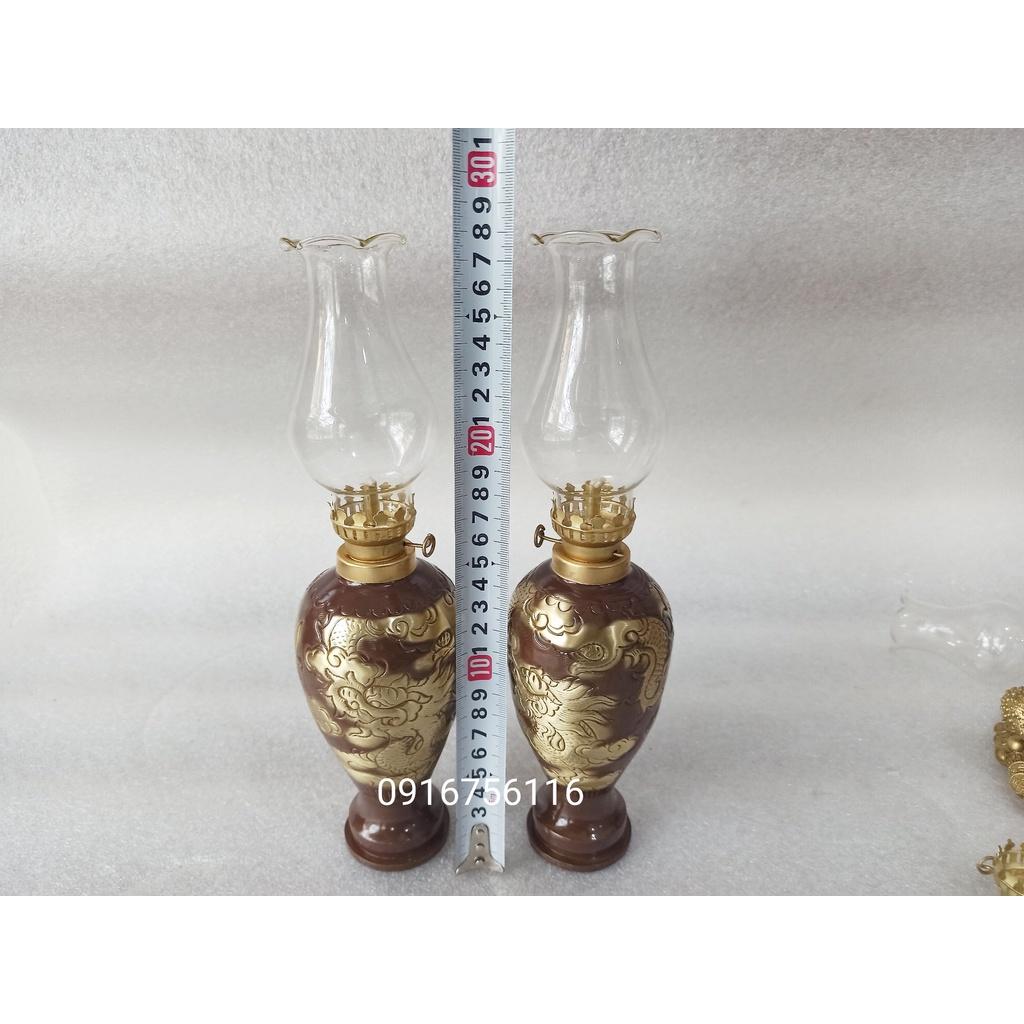 Đèn Dầu 29cm bằng Đồng, Đèn Dầu Chạm Long Phụng 29cm cả bóng, Đèn Thờ Cúng Bằng Đồng Đốt Dầu