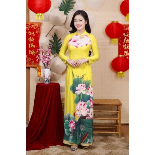 SET ÁO DÀI LỤA HỌA TIẾT BÔNG SEN
