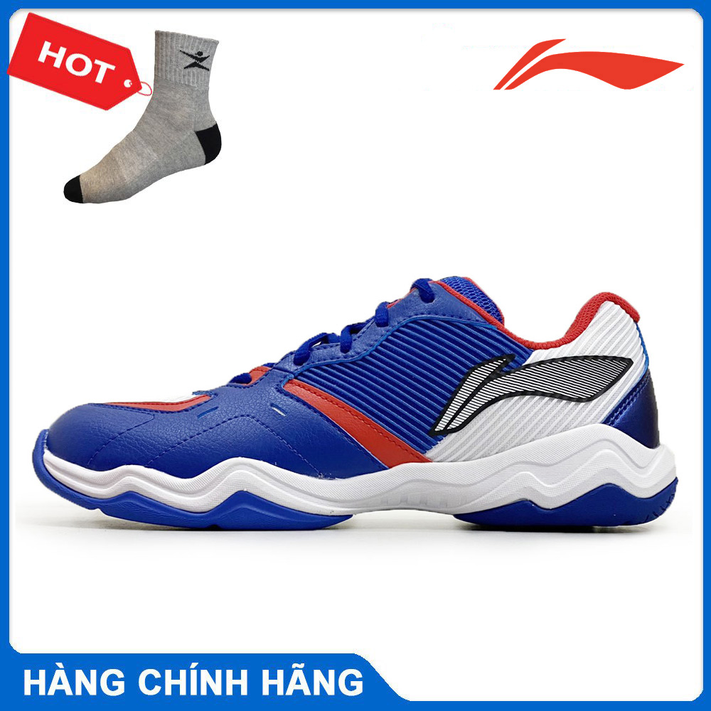Giày cầu lông nam chính hãng Lining AYTS016-21 mẫu mới màu xanh có viền đỏ, thoáng khí êm chân-tặng tất thể thao bendu