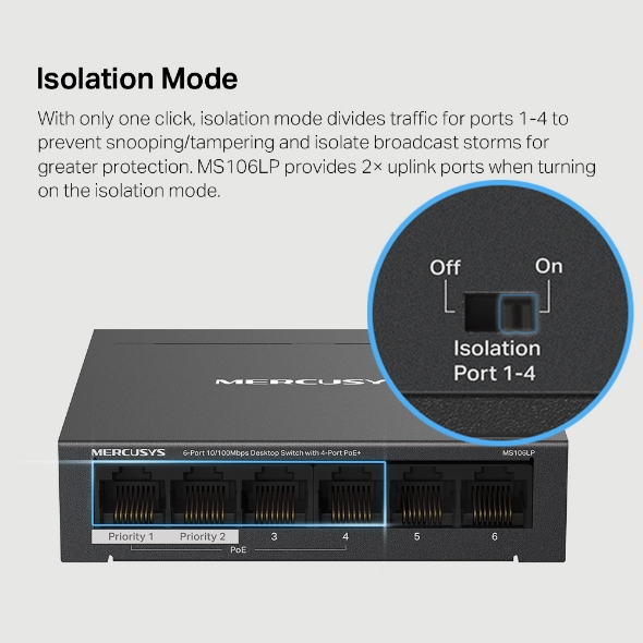 Bộ Switch Chia Mạng Mercusys MS106LP 6 Cổng 10/100Mbps với 4 Cổng PoE+ - Hàng Chính Hãng