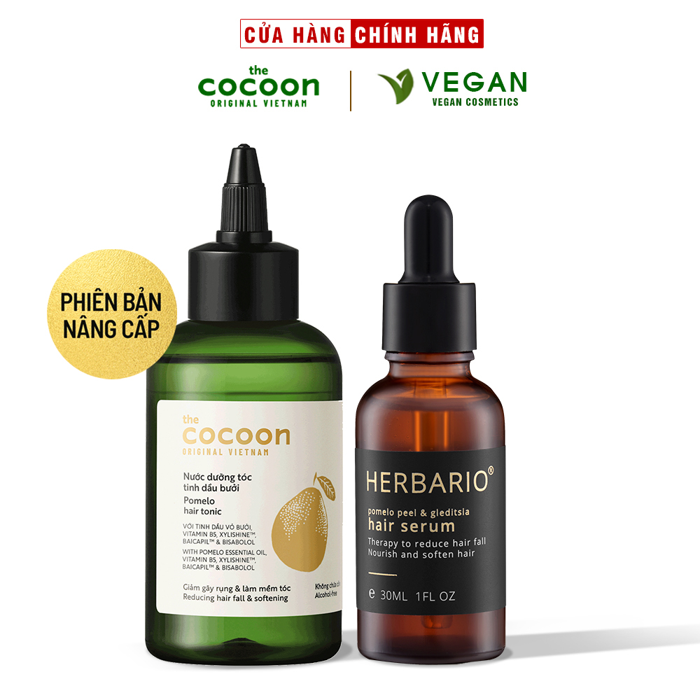 Bộ serum tóc bồ kết, vỏ bưởi Herbario 30ml + Nước dưỡng tóc tinh dầu bưởi Pomelo Cocoon 140ml