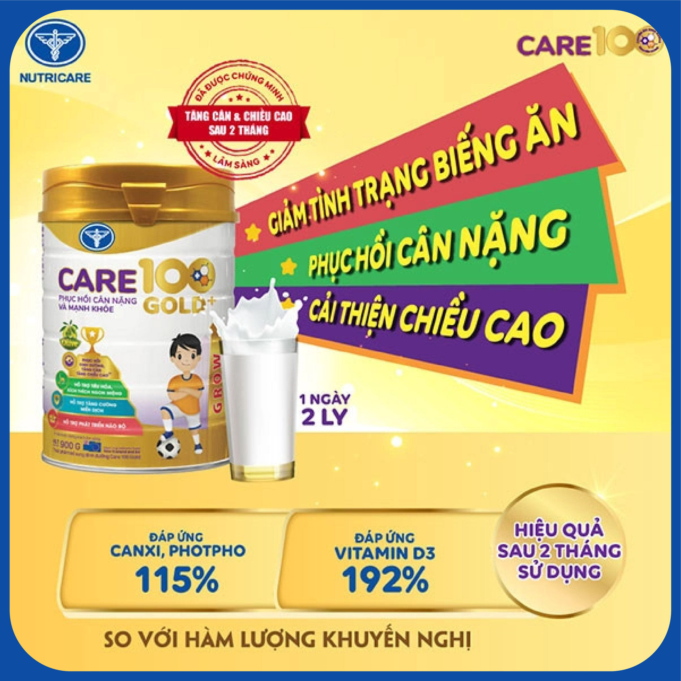 [Tặng 2 lọ yến] Sữa bột Nutricare Care 100 Gold cho trẻ biếng ăn, suy dinh dưỡng 900g