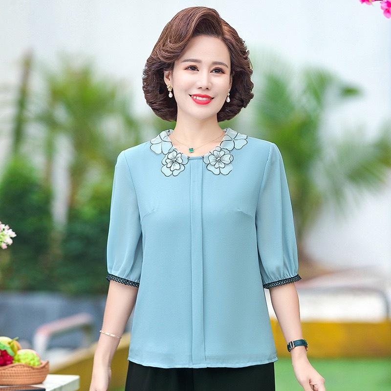 Áo trung niên tay lỡ, áo trung niên tay lỡ cổ hoa, chất liệu voan lụa mềm mại tôn dáng