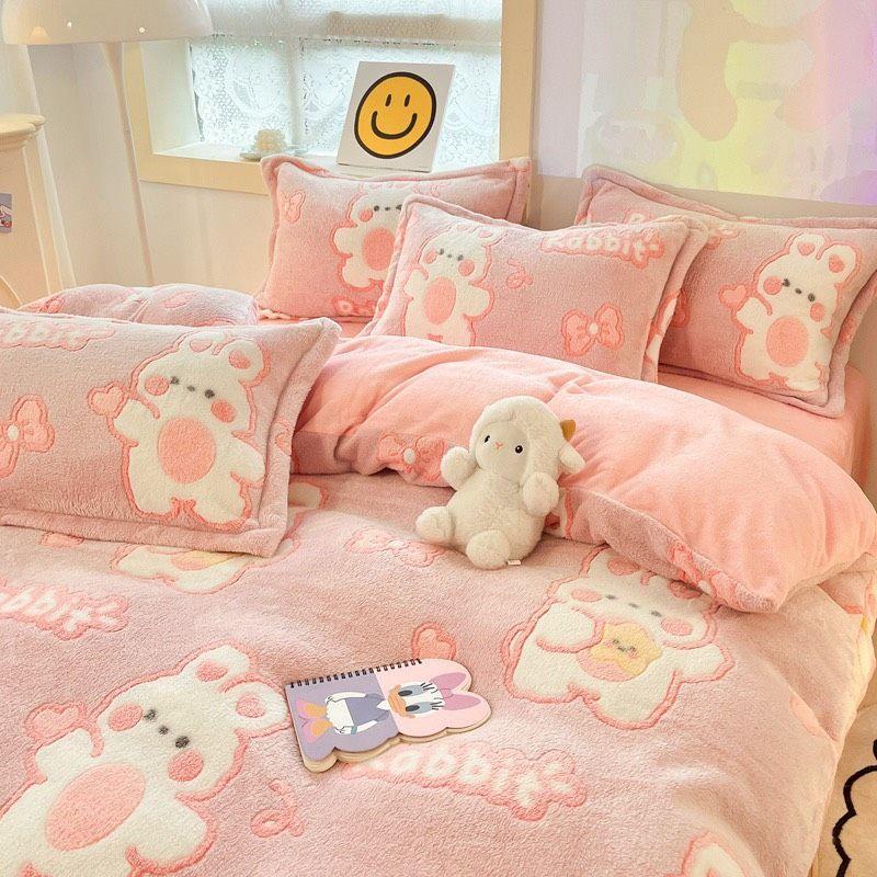 Bộ chăn ga gối nỉ nhung 3D Nhập Khẩu mẫu đáng yêu, vải mềm dày dặn