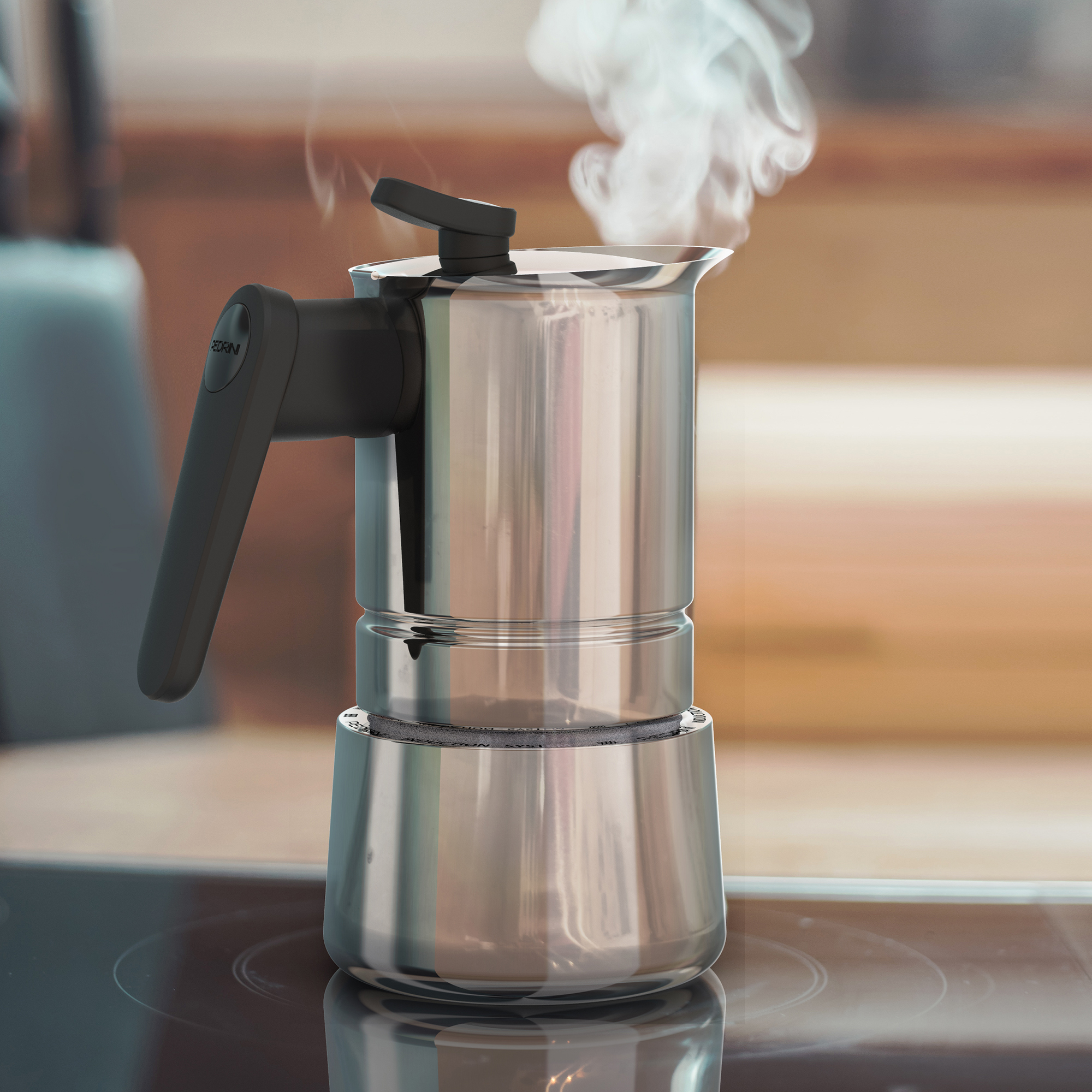 Ấm pha cà phê PEDRINI Steel Moka Induction - Stainless steel 18/10 - 4 cup/ 6 cup - Sử dụng được cho bếp từ.