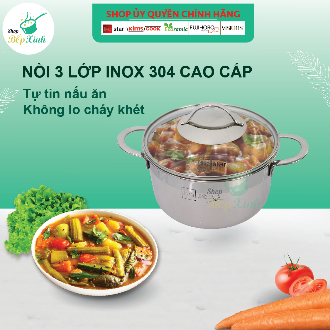 Bộ nồi 3 lớp đáy liền inox 304 Fivestar Plus quai oval nắp kính , tặng 1 vá canh- BỘ NỒI BẾP TỪ CAO CẤP