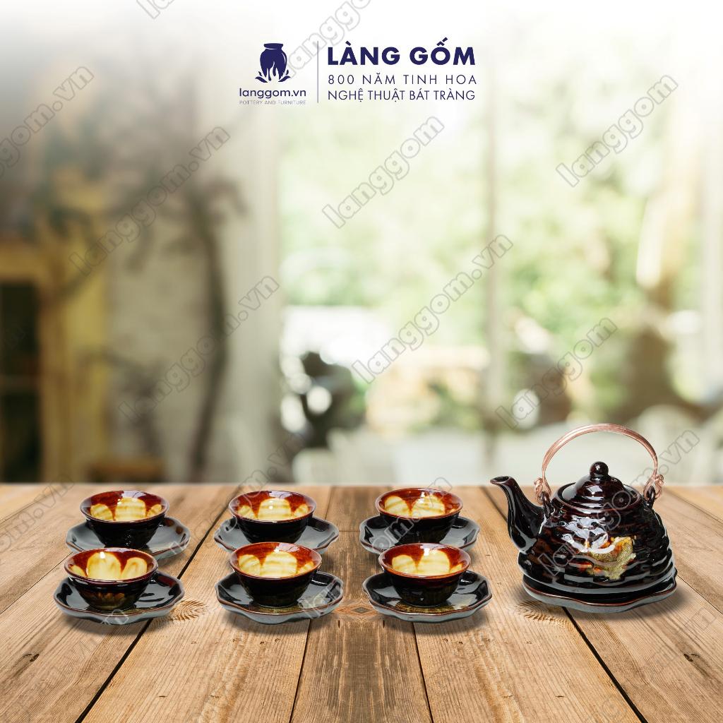 Bộ ấm chén Men hỏa biến giỏ cá - Gốm sứ Bát Tràng - Làng Gốm