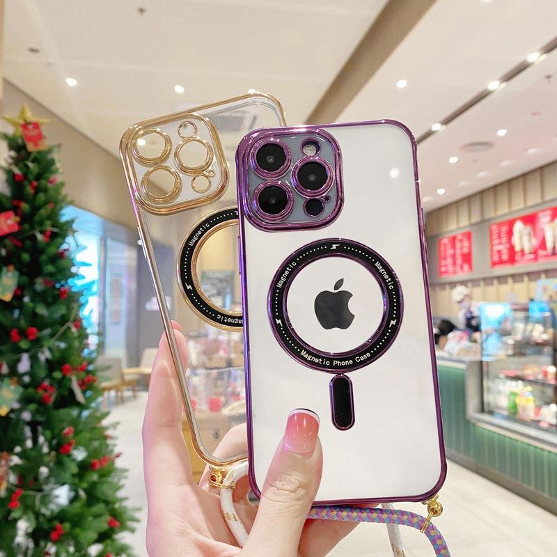 Ưu đãi đặc biệt đơn giản và trong suốt cho iPhone13/14promax mạ điện hút từ tính dây buộc chéo Apple 12 vỏ điện thoại di động thủy triều