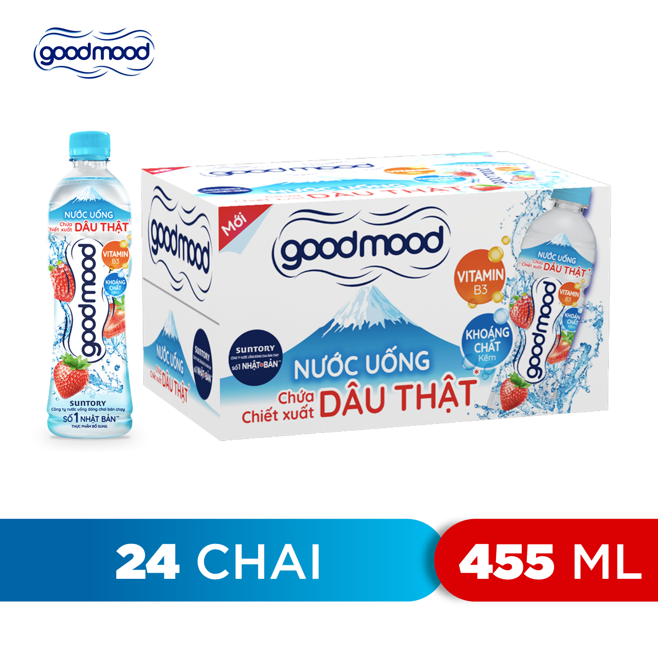 Thùng 24 Chai Nước Uống Chứa Chiết Xuất Dâu Thật Good Mood (455ml/Chai)