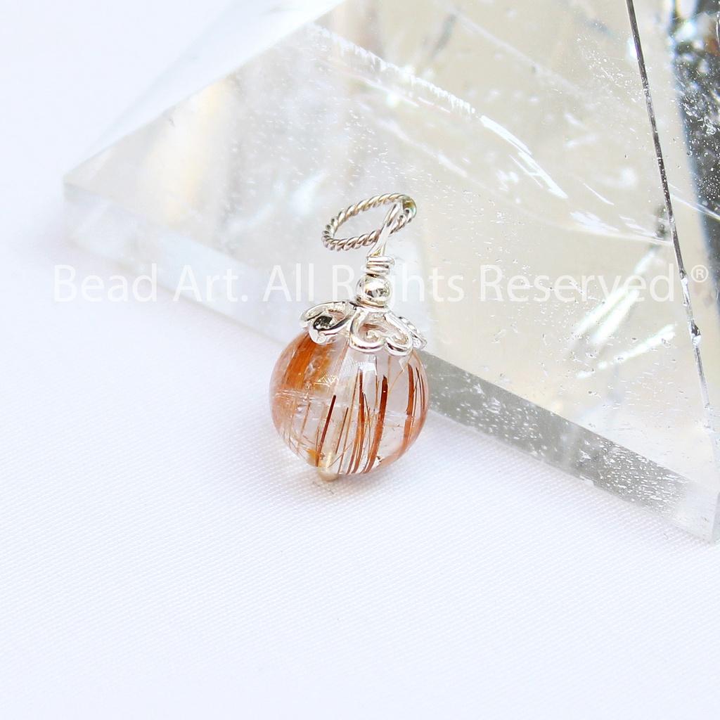 Mặt Dây Chuyền Thạch Anh Tóc Nâu 9mm Loại AA Và Bạc 925, Trang Sức Đá Phong Thuỷ, Thổ, Kim - Bead Art