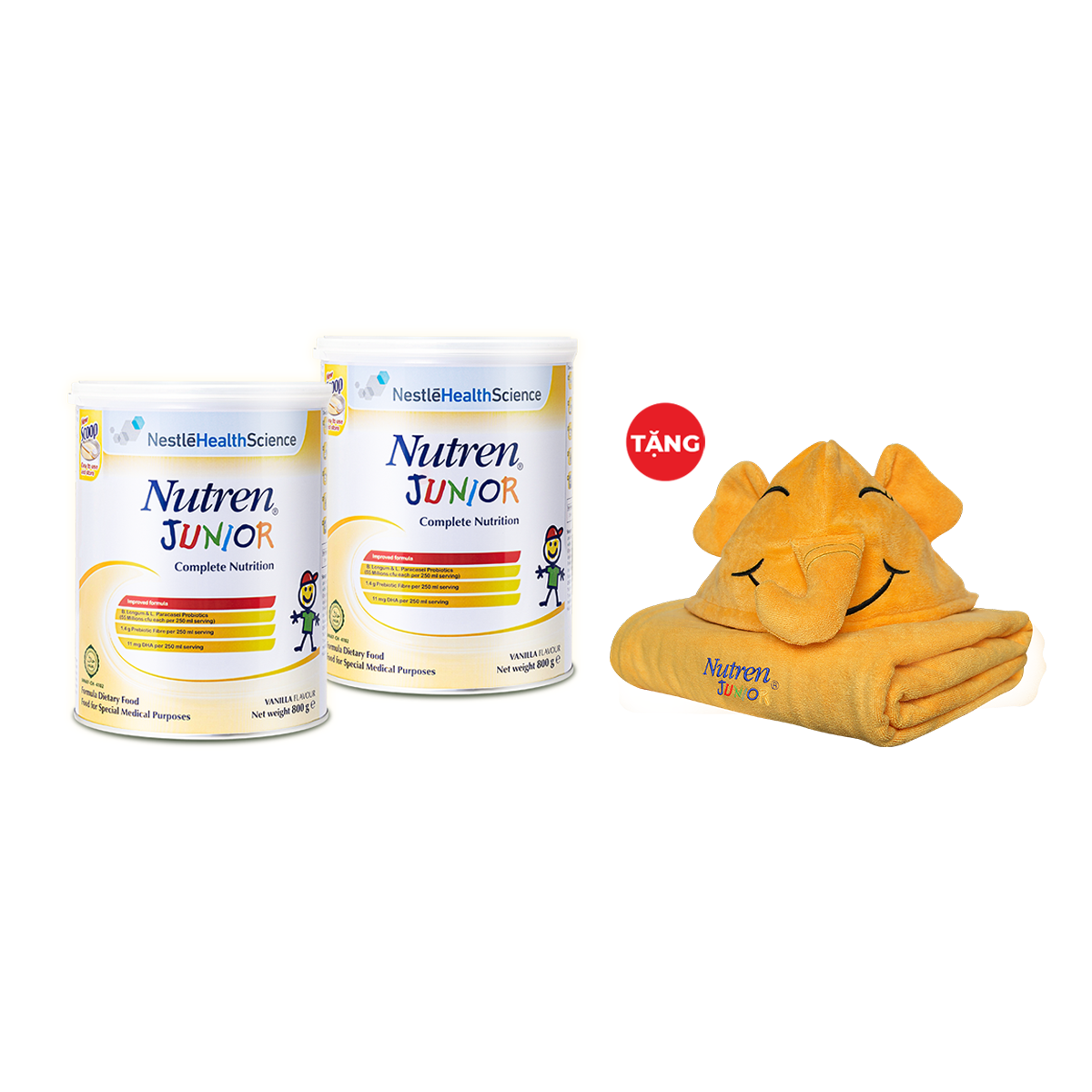 Combo 2 lon thực phẩm dinh dưỡng Nutren Junior Thụy Sĩ hỗ trợ tăng cân tiêu hóa tốt cho trẻ từ 1 đến 10 tuổi 800g/lon -  Tặng Khăn choàng tắm con voi