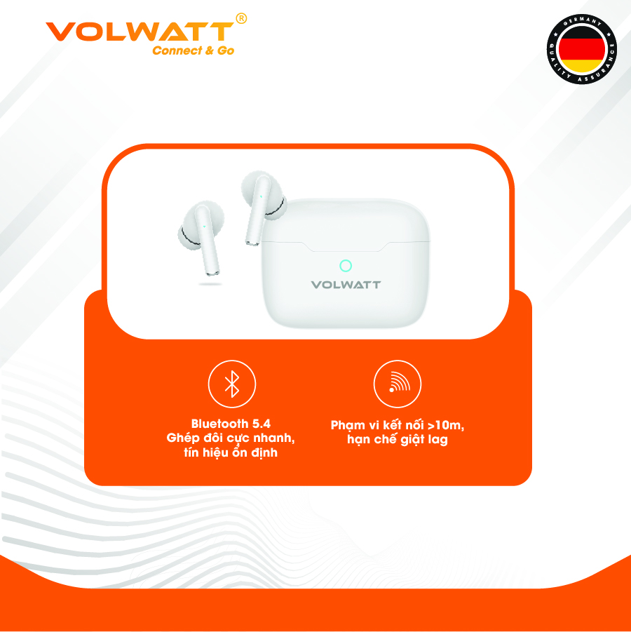 Tai nghe không dây Volwatt Zen hàng chính hãng | TWS Bluetooth 5.4, 4 Mic ENC, Driver 13mm, Nghe 4–5h + Hộp 400mAh, BH 12 tháng