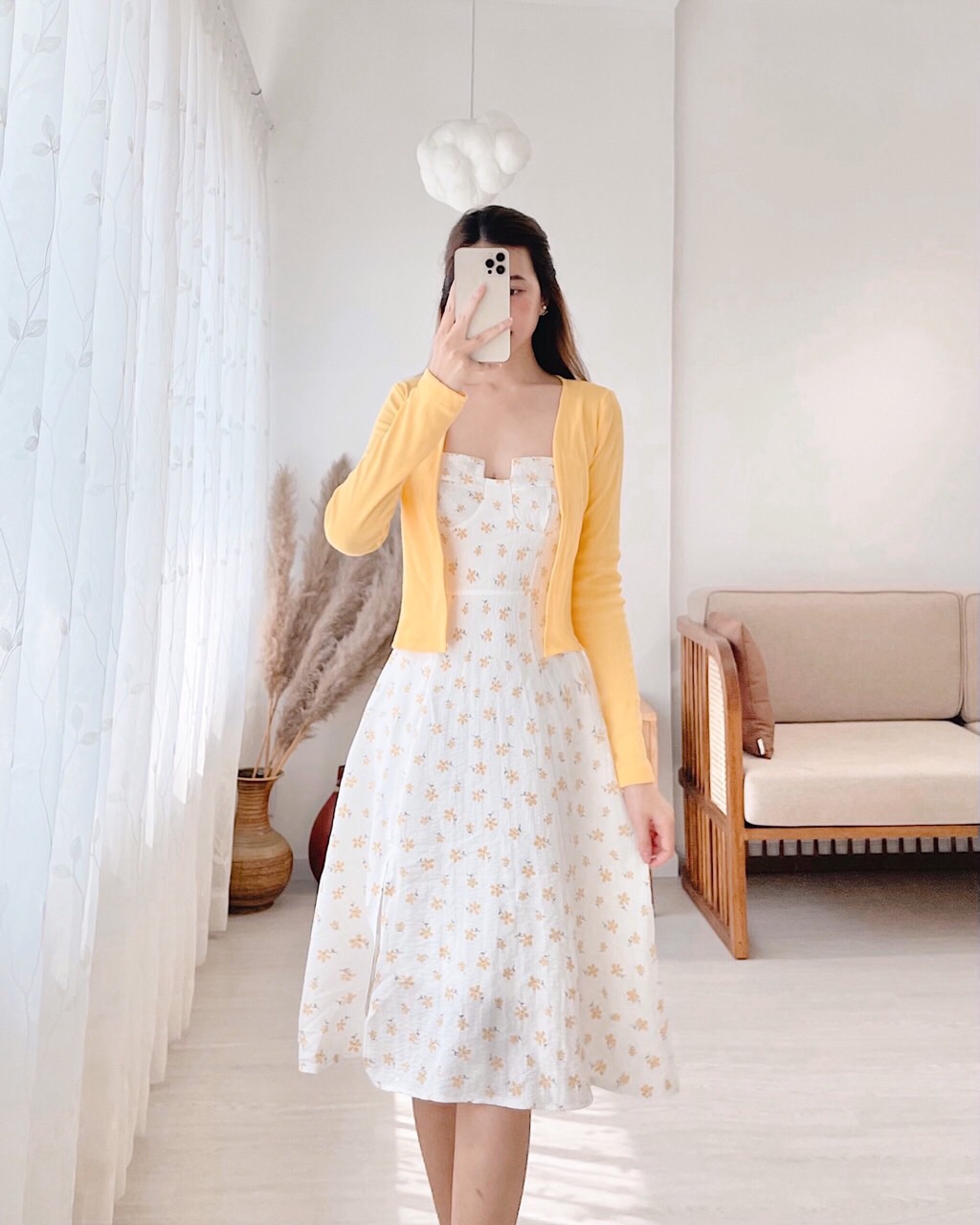 Set đầm 2 dây hoa nhí xẻ đùi kèm áo khoác cardigan ulzzang mẫu mới