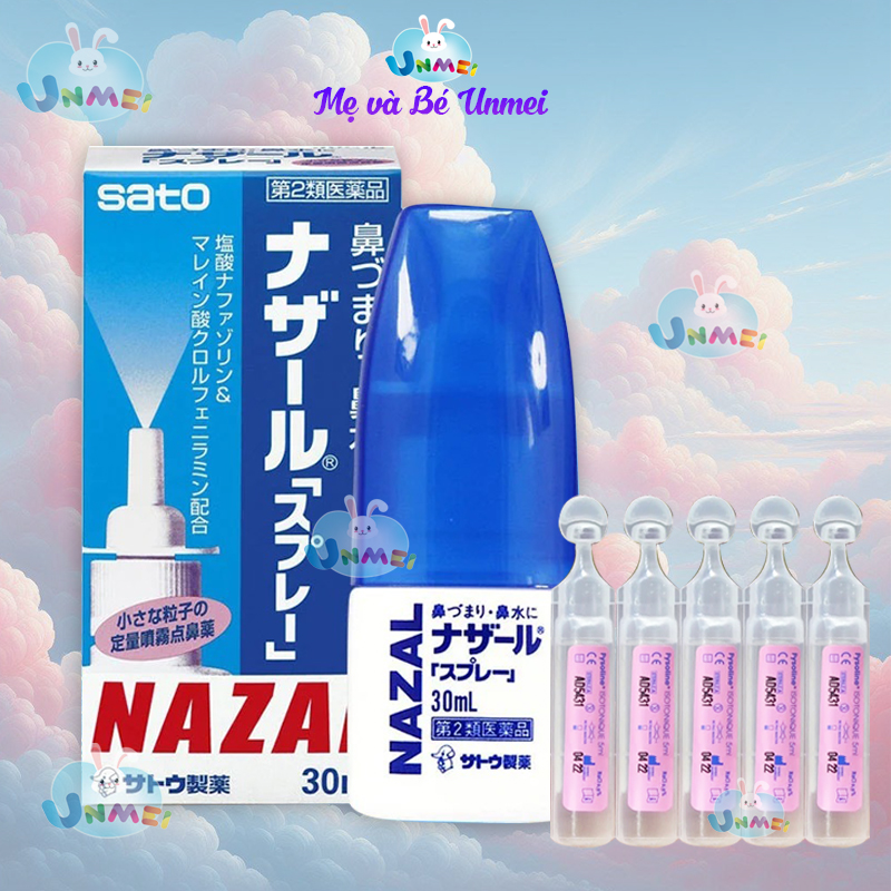 Combo chai Xịt Xoang Mũi 30ml NazaI Nhật Bản và 5 Ống Nước Muối Vệ sinh Mắt Mũi Fysoline Pháp