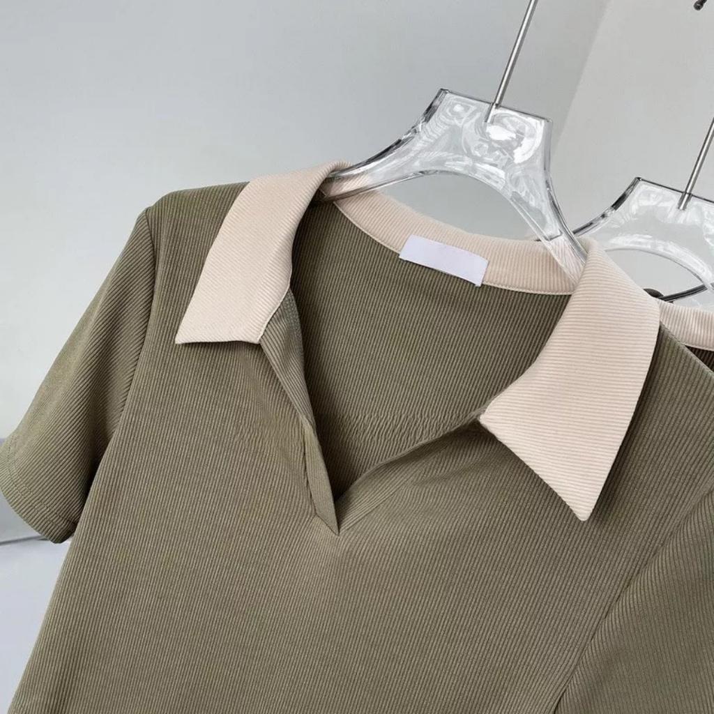 Áo Polo Nữ Cộc Tay Chất Thun Gân Co Dãn 4 Chiều Cổ V