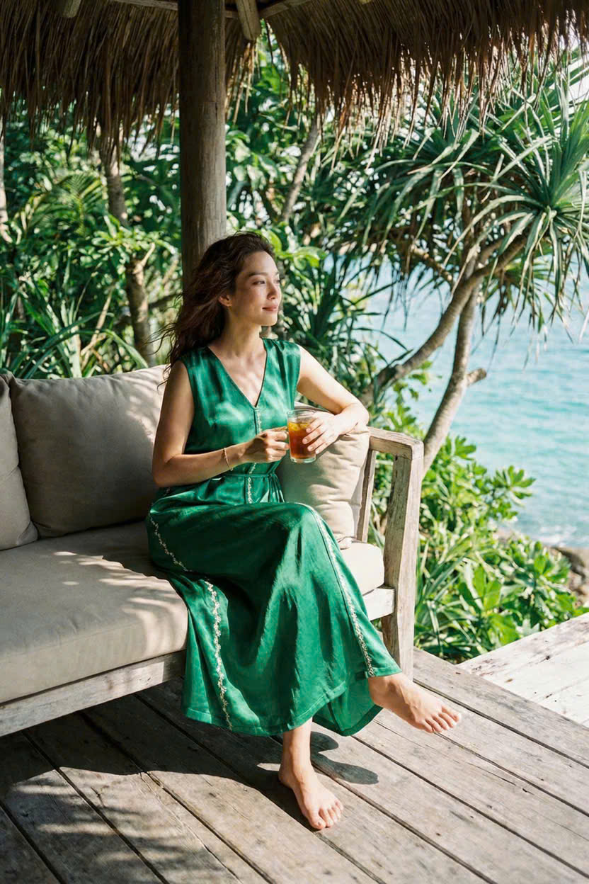 Đầm Maxi Lụa Tơ Tằm Thêu Tay Xanh Ngọc Phỉ Thuý DRE202 thời trang thiết kế Hity