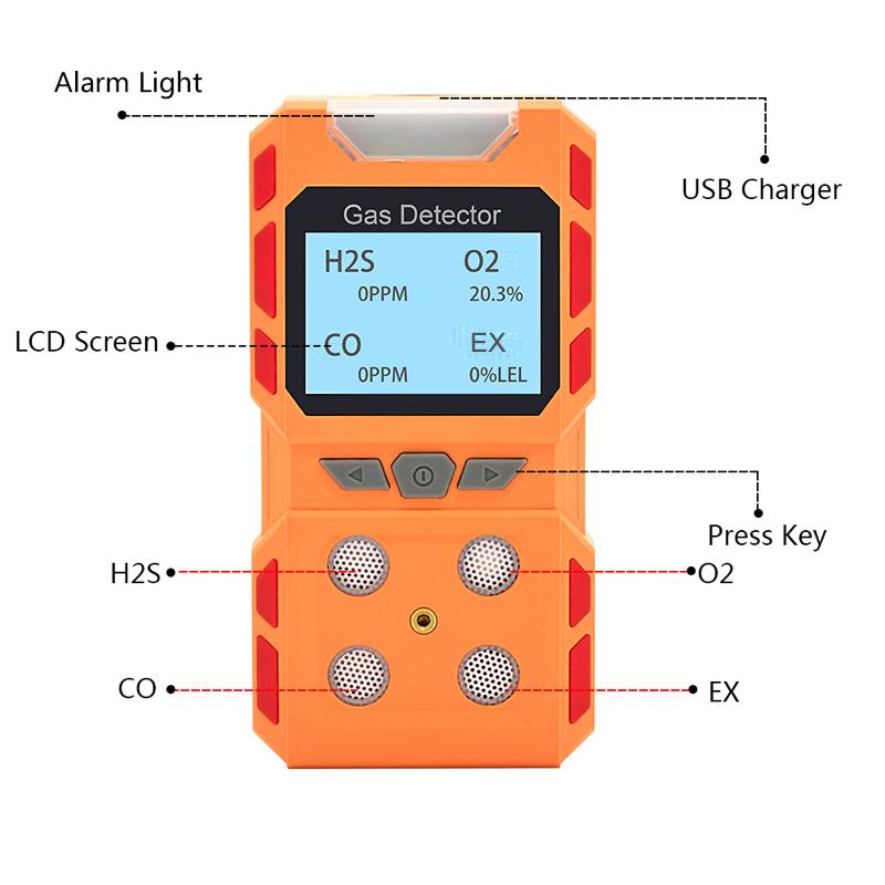 Báo động 4-Gas H2S CO O2 CH4 EX Ngộ độc rò rỉ khí đốt cảm biến phát hiện độc lập CẢNH BÁO CAO cho an toàn công nghiệp