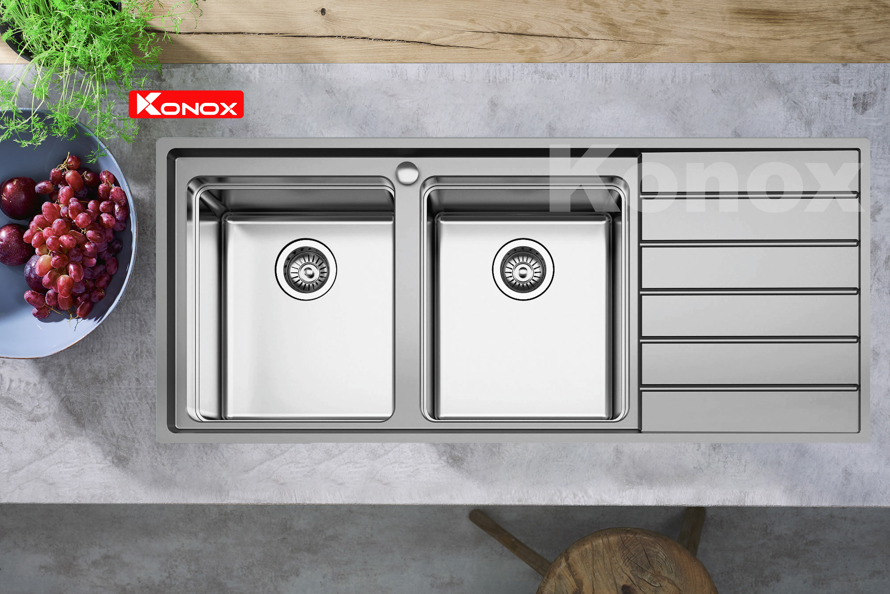 Chậu rửa bát Konox, European Series, Model Premium KS11650 2B , Inox 304AISI tiêu chuẩn châu Âu, 1160x500x215(mm), Hàng chính hãng