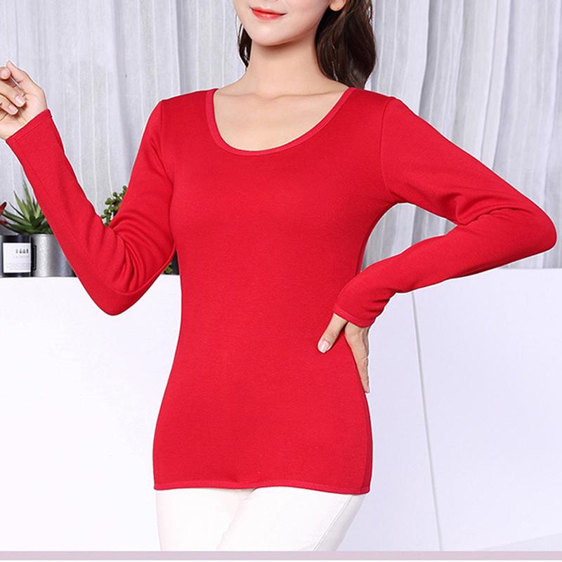 2XL Dài Tay 1 Lớp Nhung Nhiệt Quần Áo Nữ Mùa Đông Quần Lót Cổ Tròn Cơ Bản Cho Bình Giữ Nhiệt Cao Cấp Nữ Thứ Hai Da