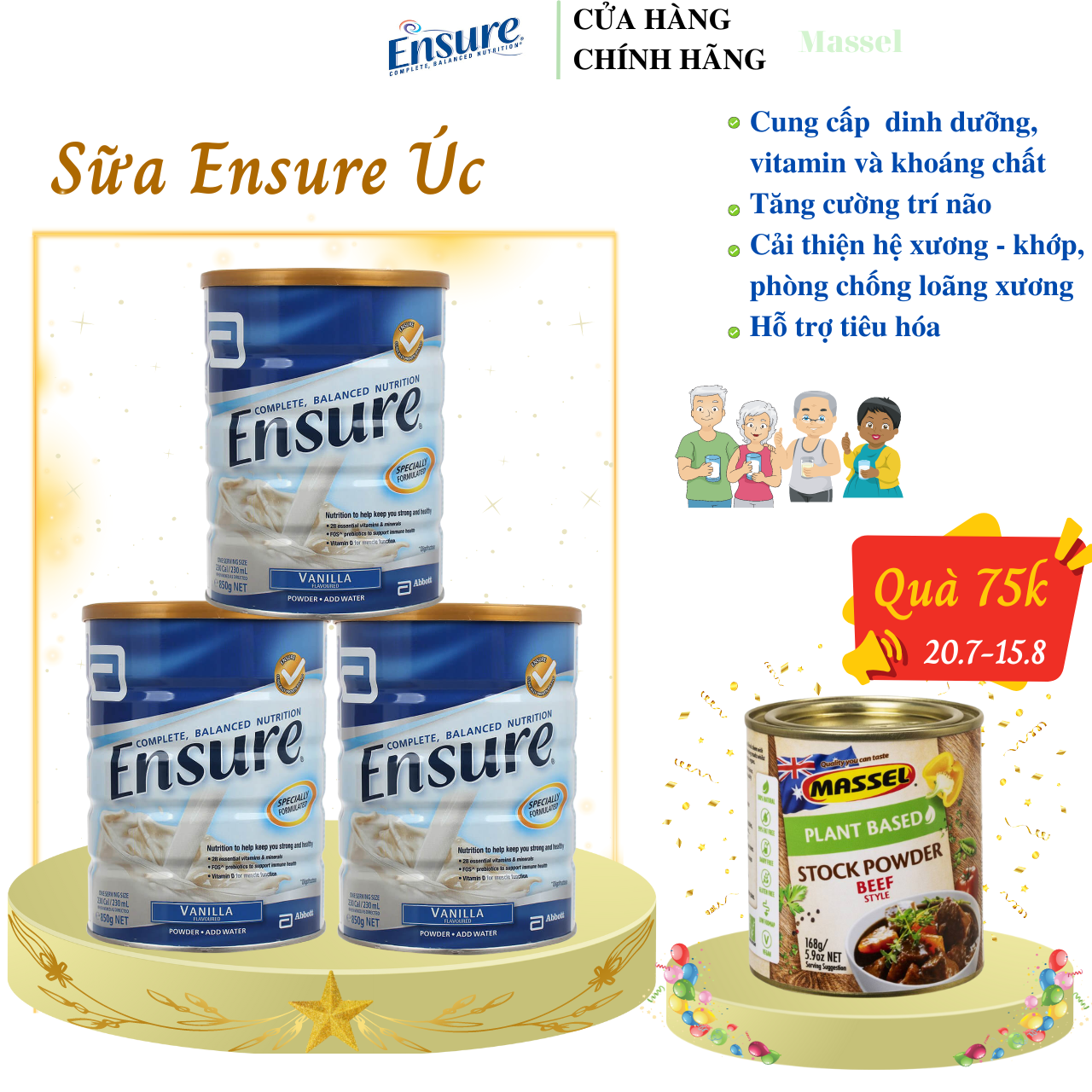 Sữa Ensure Úc cho người già, người gầy, người suy dinh dưỡng, người sau phẫu thuật, người mới ốm dậy - Vanila - Massel Official