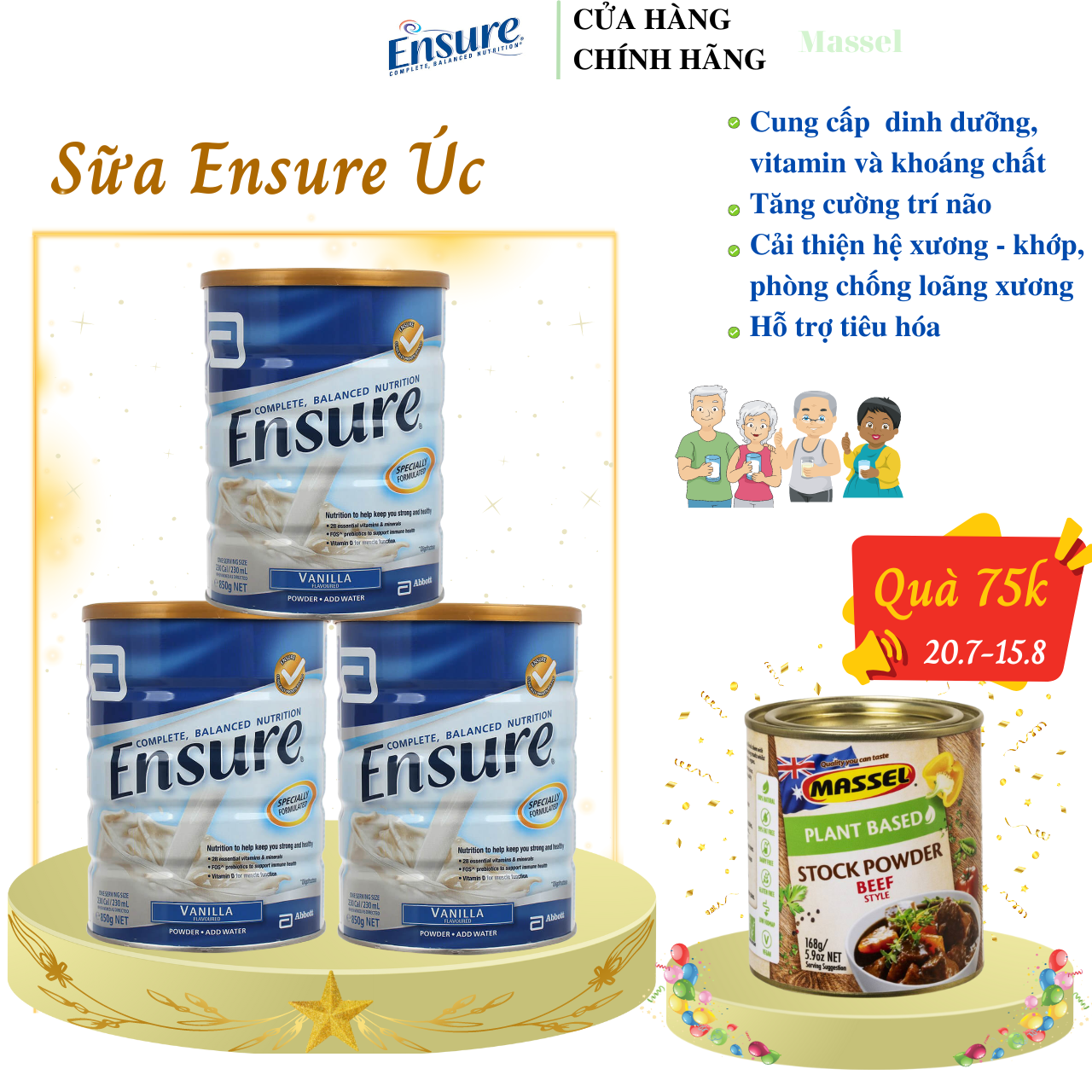 Sữa Ensure Úc cho người già, người gầy, người suy dinh dưỡng, người sau phẫu thuật, người mới ốm dậy - Vanila (3lon/thùng) - Massel Official