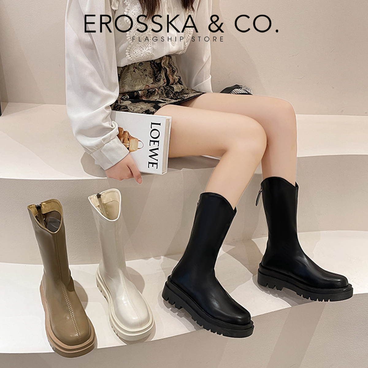 Erosska - Giày boot cổ cao mũi tròn có khoá kéo phong cách cá tính cao 5cm - GB009