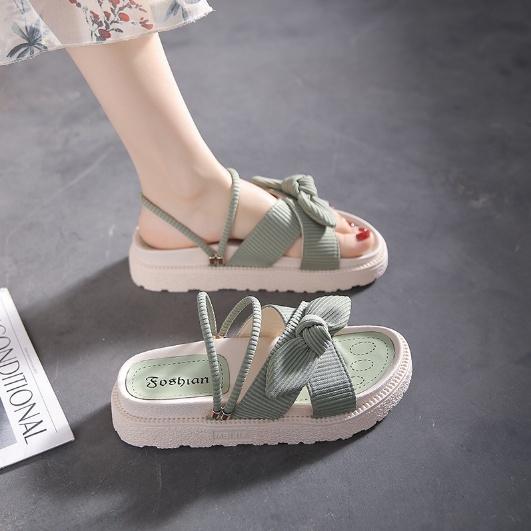 Dép Sandal Đế Bằng Cao 4Cm Đính Nơ Da Lộn Đeo Được 2 Kiểu G146