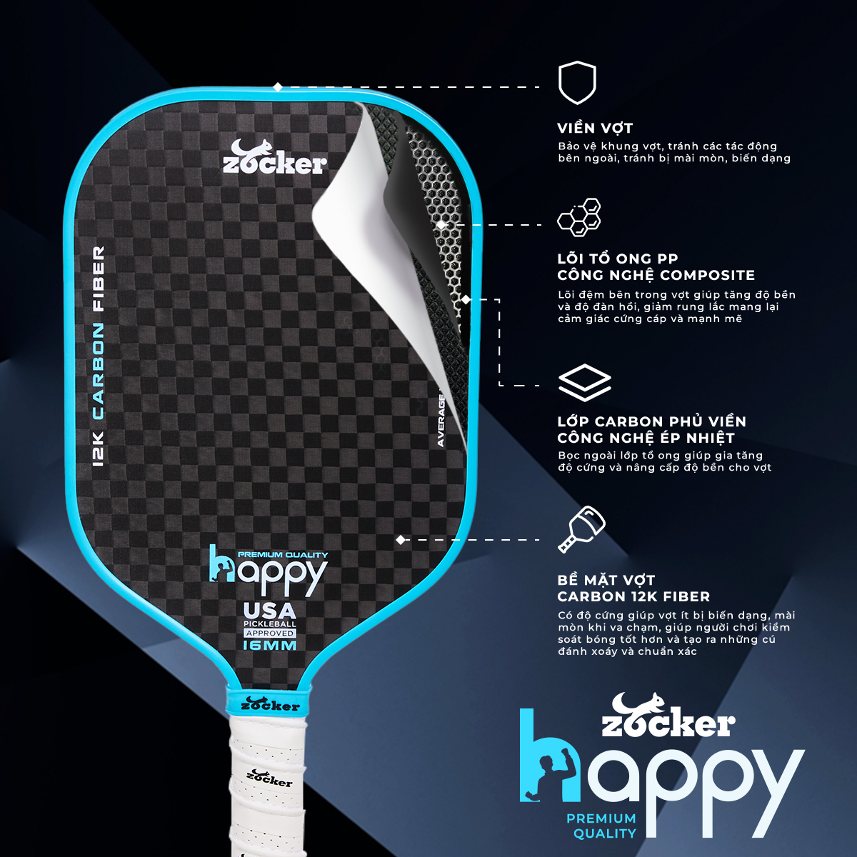 Vợt Pickleball Zocker Happy HP3 Premium Quality