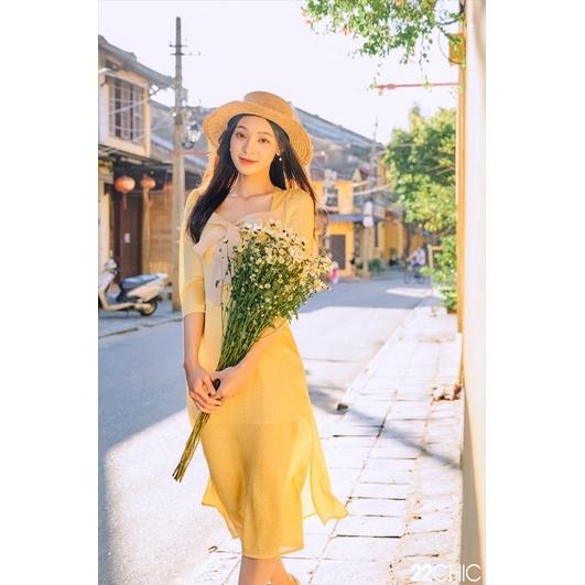 Váy vàng nơ dài tay - 22CHIC Lady Dress