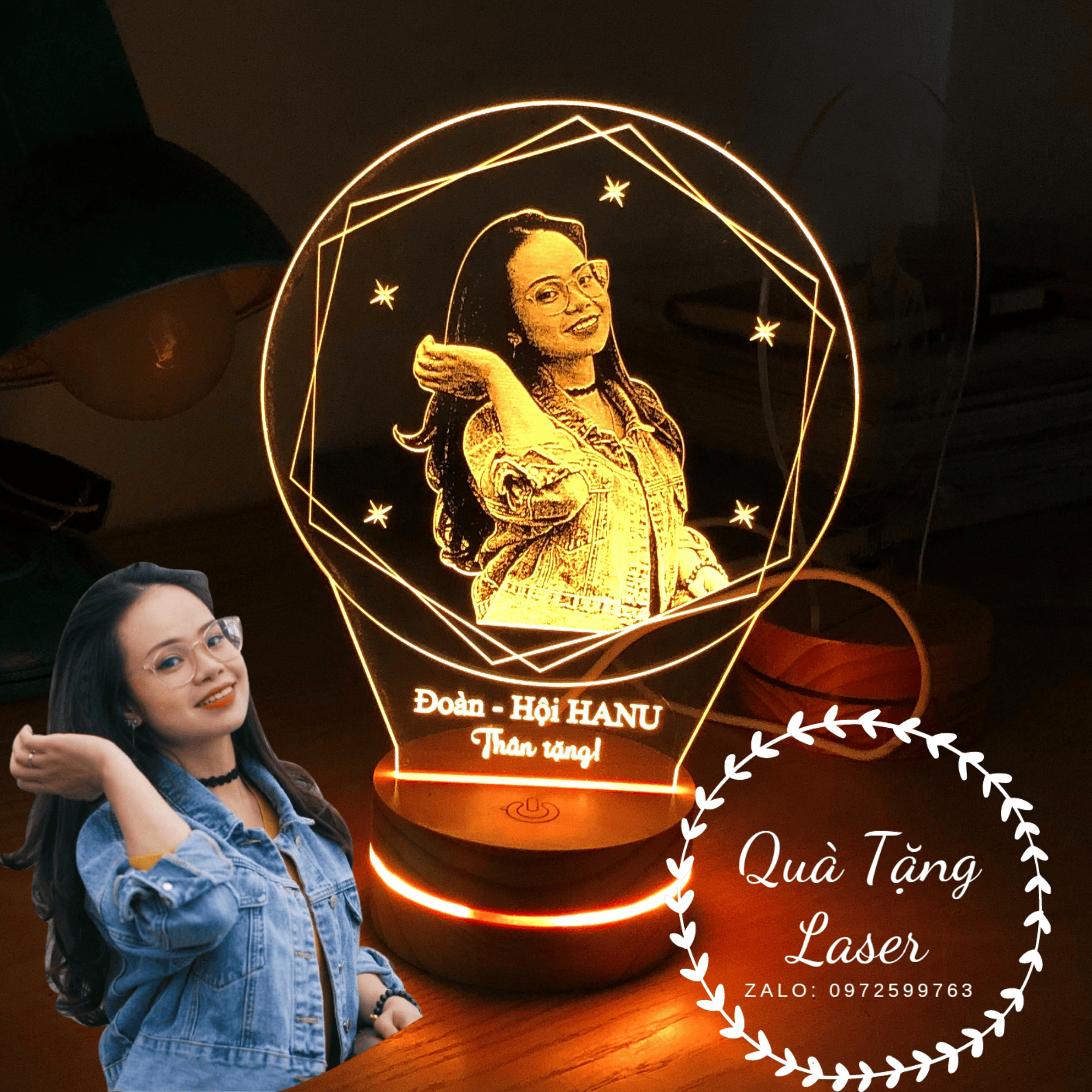 Đèn led 3d khắc ảnh chân dung - Quà tặng ý nghĩa tặng người thân yêu - Đế gỗ cao cấp nhập khẩu có viền sáng