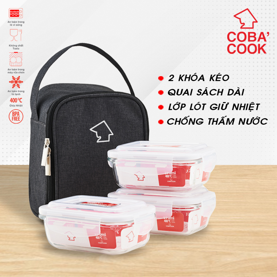 Bộ túi hộp cơm thủy tinh COBA'COOK Thủy tinh cường lực chịu nhiệt tới 400 độ C  Gồm 3 hộp 370ml và 1 túi - CCL33BS