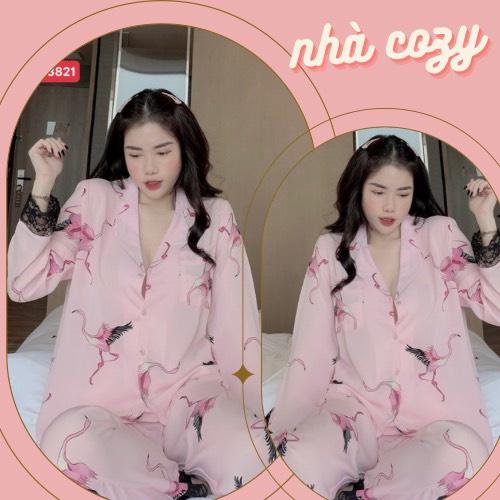 Đồ bộ nữ PIJAMA ️ Bộ lụa tay dài quần dài ️ họa tiết hạt, tay phối ren CÓ SẴN