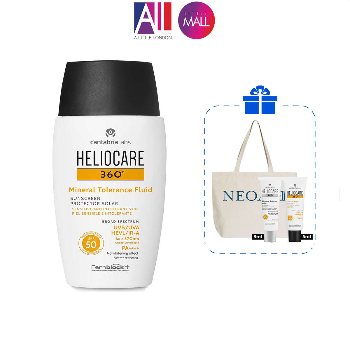 Kem chống nắng phổ rộng Heliocare 360 mineral tolerance fluid SPF50 50ml TẶNG Sample Heliocare